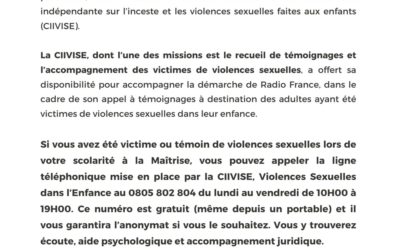 Appel à témoignages – Radio France lance un appel à témoignages à destination des élèves et anciens élèves de la Maîtrise